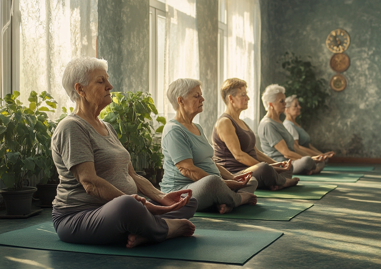 Люди старшого віку виконують вправи на рівновагу