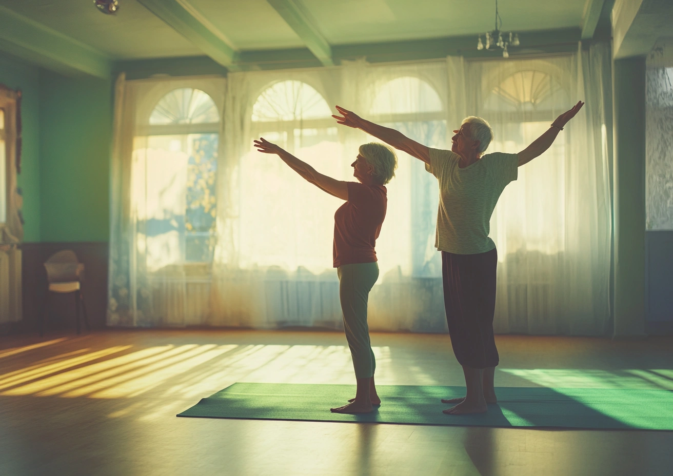 Група літніх людей виконує прості пози хатха-йоги