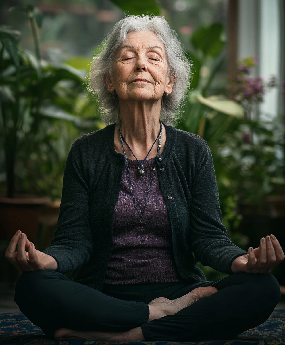 Жінка старшого віку практикує йогу в спокійній обстановці